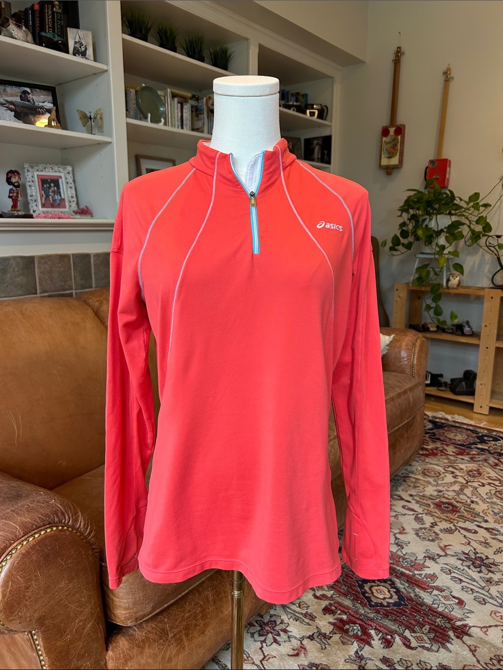 Asics Red Long-Sleeve Half-Zip Running Top with Blue Zip